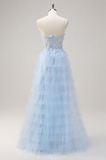 Azzurro Spaghetti Straps A-Line Tulle Tiered Corsetto lungo Abito da cerimonia con fessura